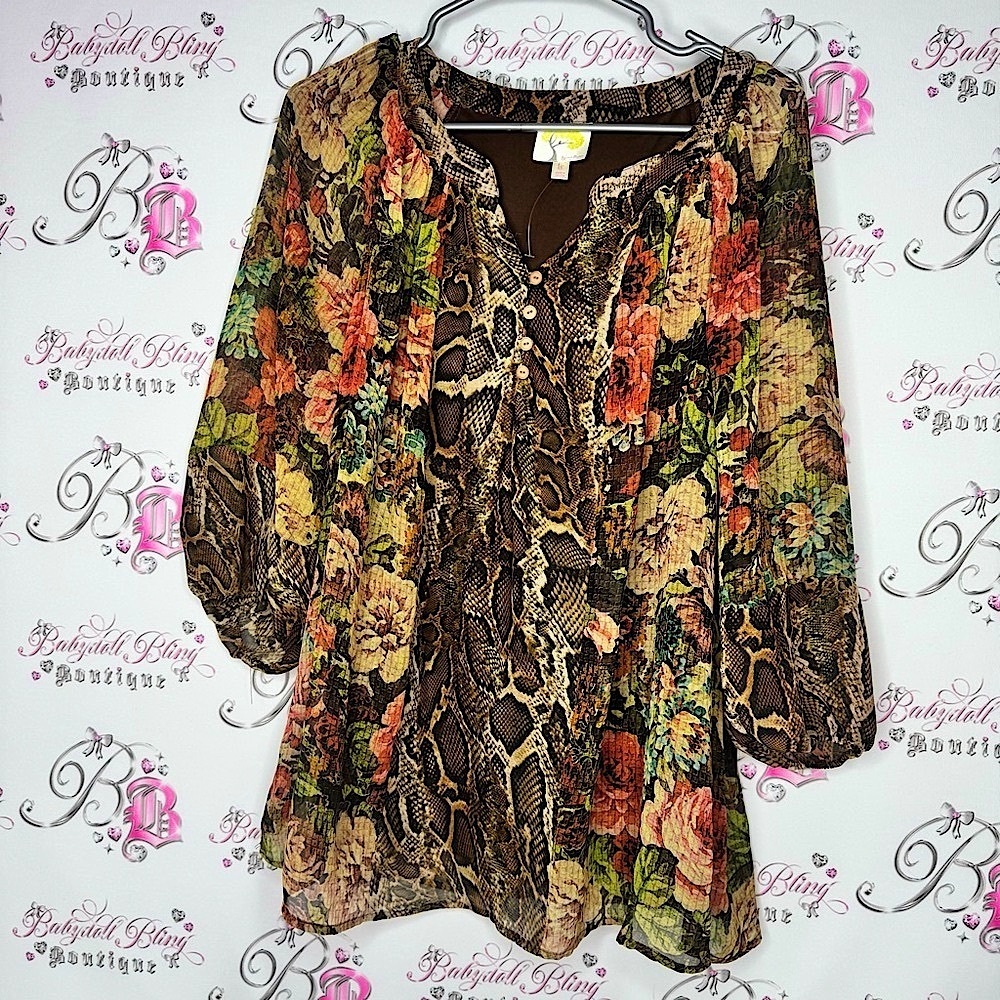 Fig & flower top shirt brown red green tan cube Boho Floral Snake Print Blouse